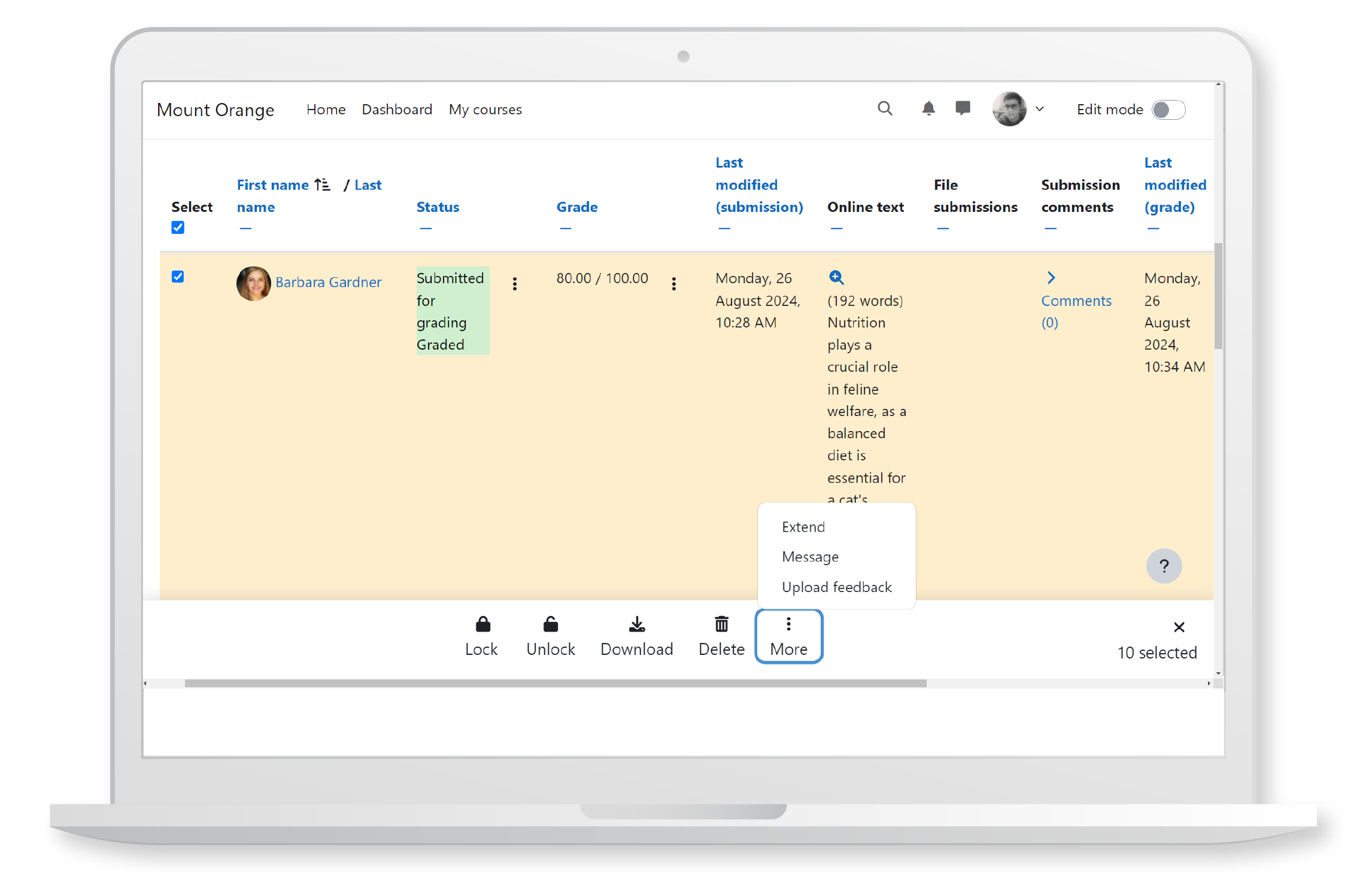 Manage student submissions effortlessly with the new sticky footer, which provides quick access to bulk actions in Moodle LMS