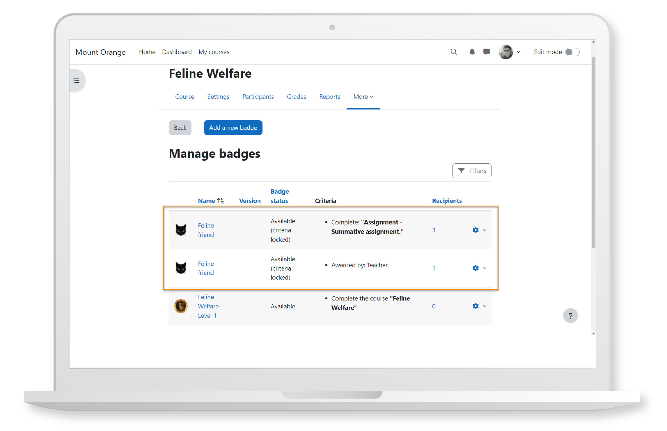 Manage badges with ease, including duplicates with different completion criteria in Moodle LMS.