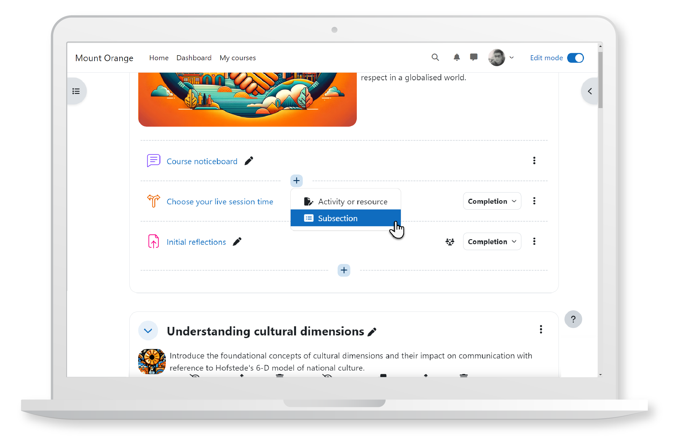 Easily add subsections to better organise and streamline course content in Moodle LMS.