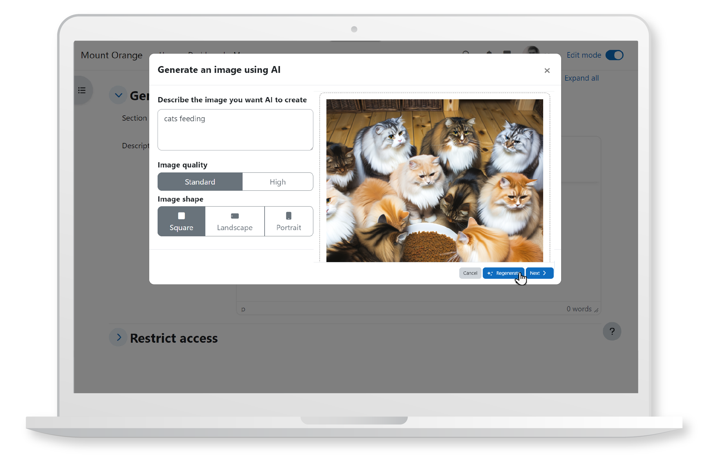 Effortlessly generate images with AI, enhancing content creation and accessibility in Moodle LMS.